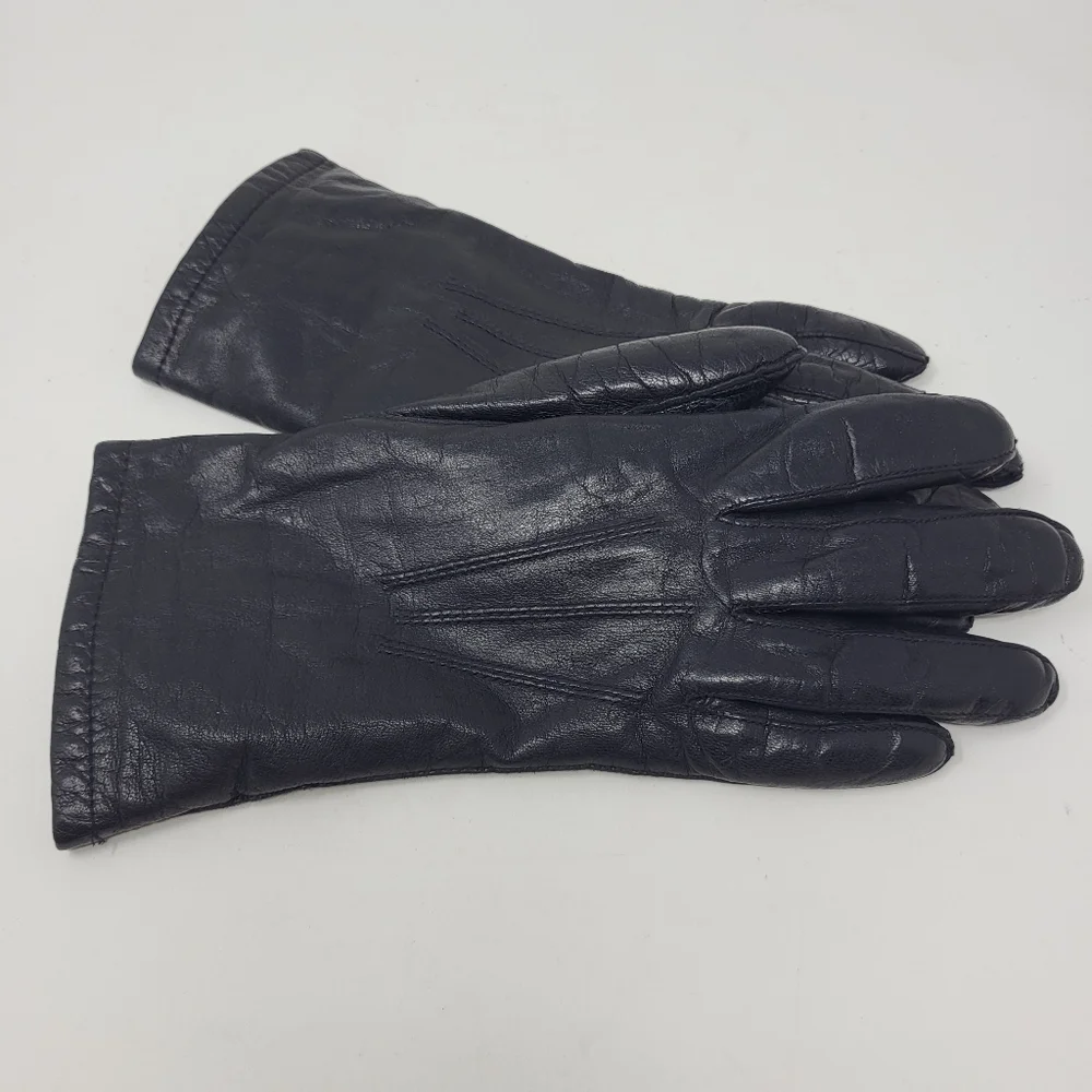 Vintage Leather Fur Lined Gloves Black Driving Warm Retro 7